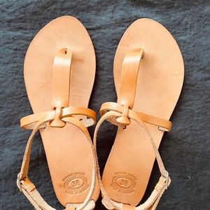 100% Leather Brown T-strap Sandals size US 7.5/8 Euro 38. Made in Greece.